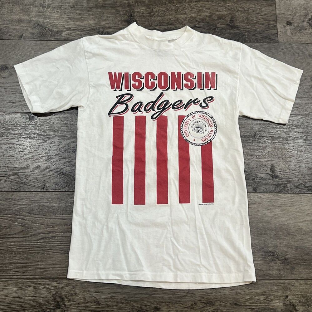 Vintage 90s Signal Sports Wisconsin Badgers White T-Shirt Single Stitch USA Med